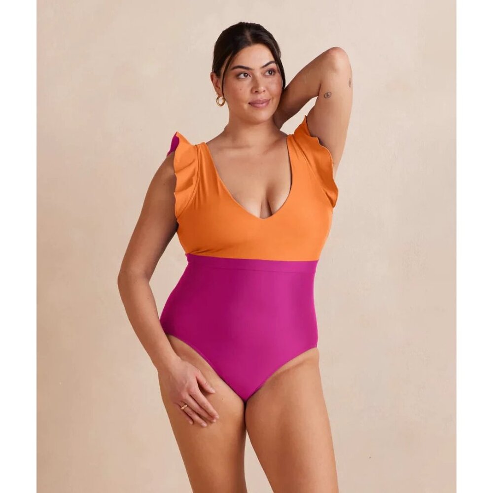 summersalt Orange and Magenta Colorblock Ruffle One-Piece Swimsuit